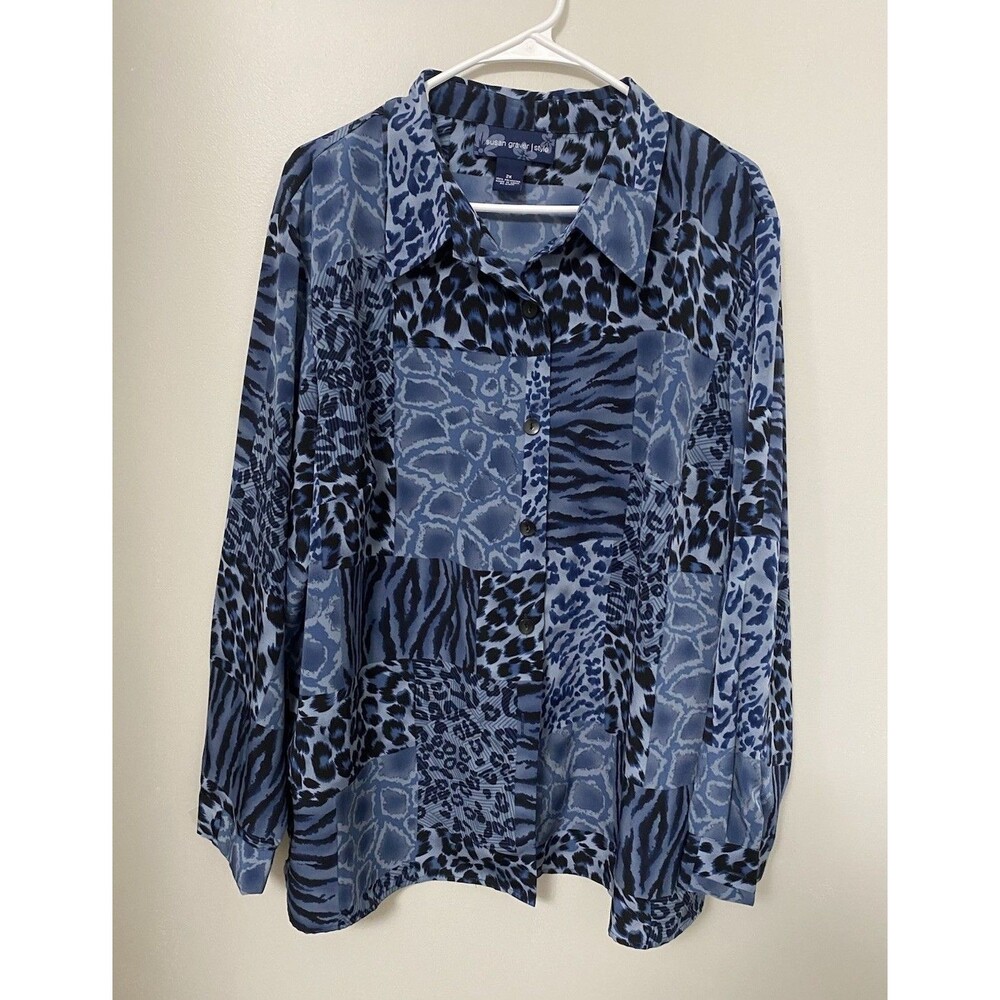 Susan Graver Women's Blouse Blue Black Animal Print Button-Up Top Size 2X